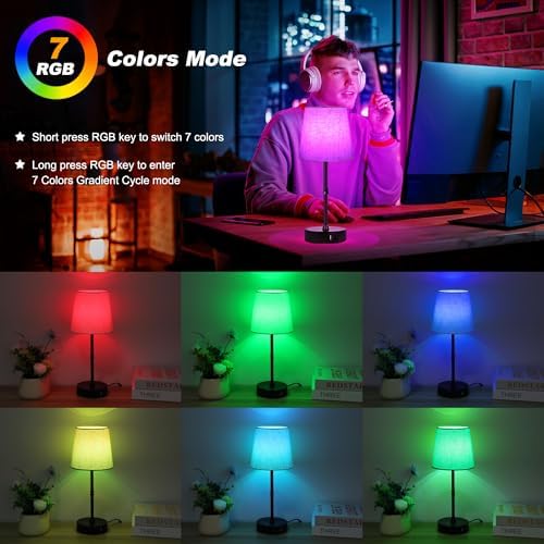 Ascher Bedside Table Lamp Set of 2, RGB Color Changing, 3 Color Temperatures, Dimmable Nightstand Lamp with USB C+A Ports, Touch Desk Lamp for Bedroom Living Room, H15.6in, Flaxen Shade - Image 3