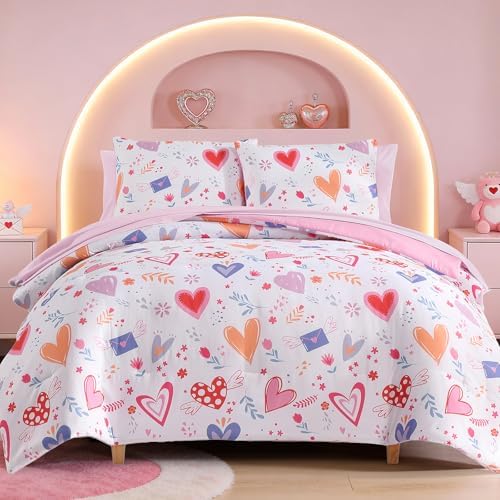 Girls Twin Bedding Set - 5 Pieces Heart Pattern Twin Comforter Set for Kids by KaleidoSpaceHomeCollection