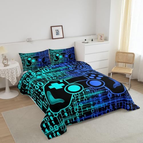 Feelyou Kids Boys Blue and Green Gamer Comforter Set Full Size, Geometric Teens Gaming Bedding Set for Game Comforter Game Room Duvet Set Gamepad Microfiber Bed Set Room Decor Set Bedding Collection - Image 2