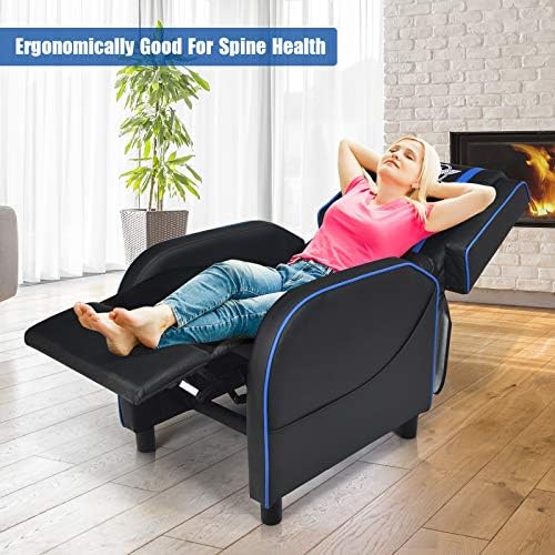 POWERSTONE Gaming Recliner Chair, Reclining Gaming Chairs for Adults Ergonomic Leather Sofa with Footrest Lumbar Support Headrest and Side Pouch for Living Room Home Theater, Blue - Image 4