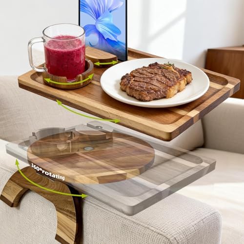 360° Detachable Rotating Acacia Wood Sofa Arm Tray Table, Serving Tray Clip On Couch Armrest Table with Cup Holder & Phone Stand, TV Dinner Tray for Eating on Sofa, TV Trays Fits for Small Spaces by Manspdier