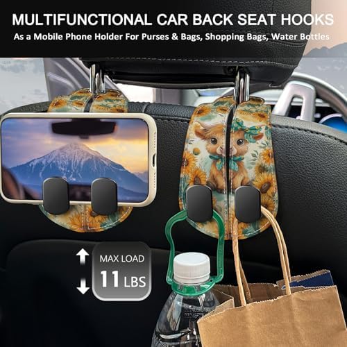 Blusabaca 2PCS Car Hooks for Purses Bags, Highland Cow Cattle Artwork Modern Seat Back Storage Headrest Holder Hanger PU Leather Double Metal Backseat Organizer, Women Car Accessories Organization - Image 3