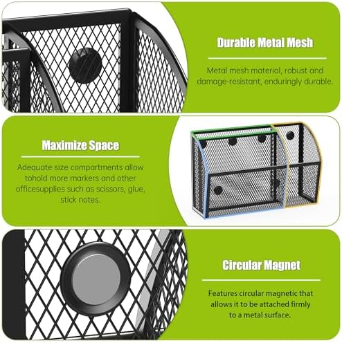 YINGHUA 3 Compartment Magnetic Metal Mesh Pen Holder, Black Desk Caddy - Image 4