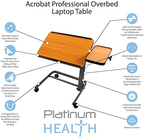 Platinum Health Acrobat Professional Overbed/Laptop Table, Tilting, Height Adjustable with Casters. Split Top for Maximum Vesatility. Folds for Easy Storage. (White Birch) - Image 3