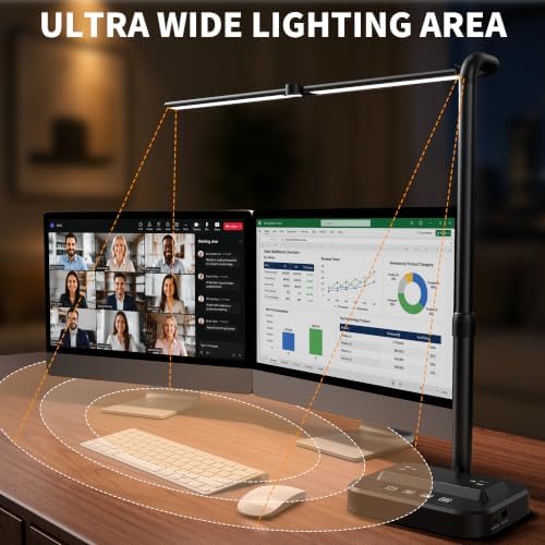 SIBRILLE LED Desk Lamp, Ultra Wide Computer Light, Dimmable Desk Light with USB Fast Charging, Adjustable Foldable Eye Caring Office Desk Lamp for Monitor Work Gaming Home Study - Image 3