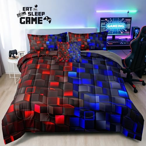 6 Pieces 3D Block Bedding Set Full Size Red Blue Gaming Block for Boys Comforter Set Bed in A Bag Perfect for Boys Girls Kids Teens Bedroom Decorative Full09 - Image 2