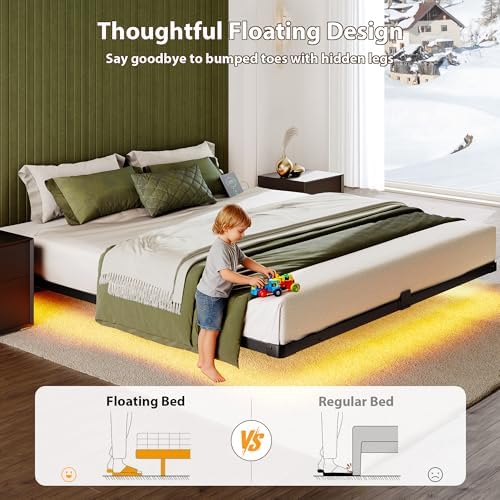 Floating Bed Frame Queen Size, Smart LED Lights & Charging Station, 9.45" High Clearance, Mattress Slide Stopper, Noise-Free, No Box Spring Needed, Easy Assembly - Image 3