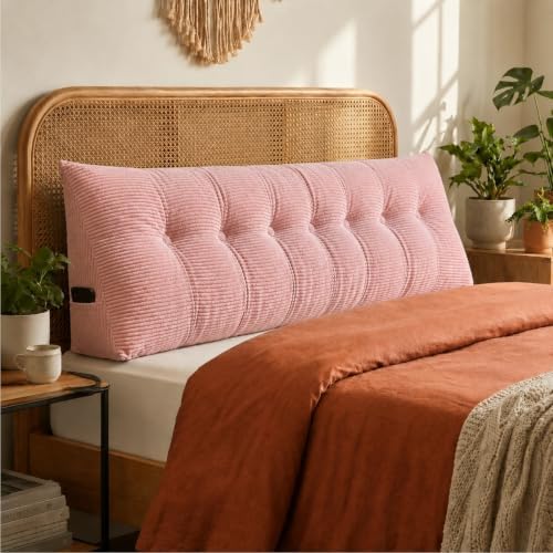Wedge Reading Pillow Headboard King Size, Headboard Bolster Pillow for Bed, Triangular Backrest Cushion with Removable Corduroy Cover, Pink by DVUAY