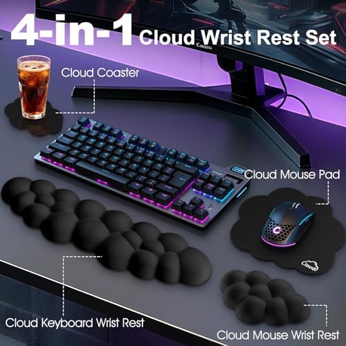 Cloud Wrist Rest Keyboard Cushion and Cloud Mouse Pad, Black | 4-in-1 Ergonomic Cloud Keyboard Wrist Rest Set, Memory Foam, Arm Support for Palm, Cute Desk Accessory for PC Gaming Setup - Image 2