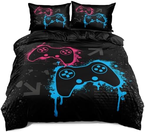 Twin Size Gaming Bedding Set - Duvet Cover & Comforter Cover with Pillowcases, Pink & Blue Gamepad Pattern on Black Background for Gamer Kids Room (Vibrant Gaming Vibe) - Image 2