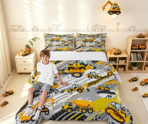 Boys Construction Comforter Set Truck Bedroom Decor for Kids Girls Under Construction Vehicles Down Comforter Nursery Children Cartoon Machinery Truck Excavator Bedding Tractor Cars Duvet Quilt,Full - Image 2