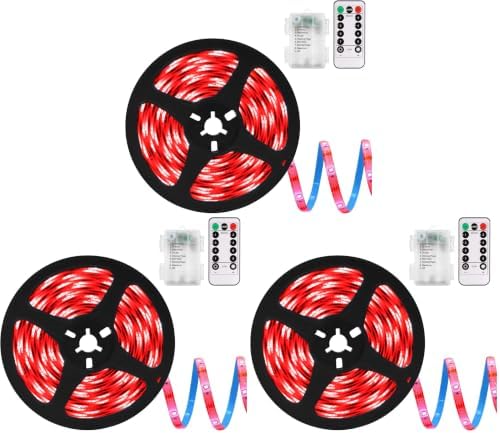 echosari LED Strip Lights Battery Powered, 90 LED Red 2835 SMD Strip Lights 9.8 Ft Cuttable Self-Adhesive Strip Lights with Remote Timer for Outdoor Indoor Party Bedroom Decoration (Pack of 3) by echosari