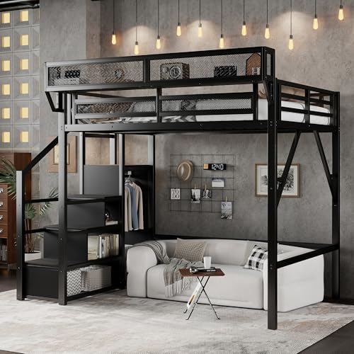 KEIKI Full Size Metal Loft Bed Frame with Convertible Staircase, Built-in Storage Shelves and Wardrobe, Loft Bed with Solid Slats, Guardrail, No Box Spring Required, Easy Assembly, for Bedroom, Black - Image 3