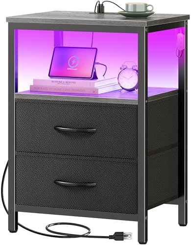 Huuger Night Stand with Charger Station and LED Lights, 2 Drawer Nightstand by Huuger
