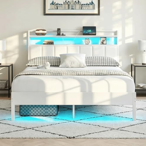 Queen Size Bed Frame with Upholstered Headboard and 2-Tier Storage Shelves by CollaredEagle