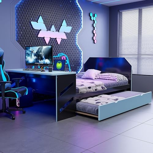 Bellemave Full Size Gaming Bed with Desk and USB,Full Bed with Trundle,Wood Platform Bed with Trundle for Girls Boys,Cloud Blue - Image 4