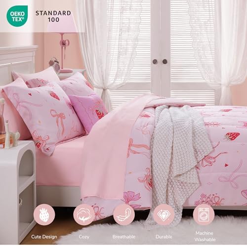 Twin Comforter Set for Girls-3 Pieces Pink Bow Printed Twin Bedding Sets - Image 3