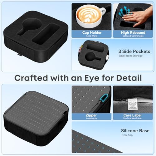 Couch Cup Holder Pillow, Couch Caddy for Drink, Snack, Phone, Remote, Game Controller, Removable and Washable Cup Cozy Pillow, Small Sofa Cup Holder Tray for Bed, Car, Desk, Sofa, Black - Image 3