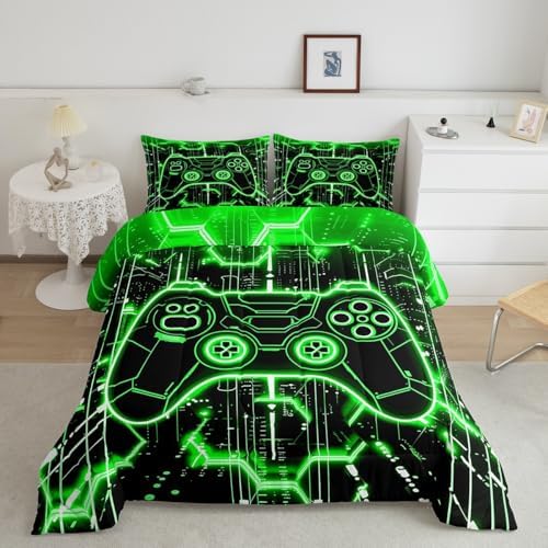 Feelyou Kids Green Gamer Comforter Set Twin Size, Honeycomb Gaming Bedding Set Boys Girls Modern Game Console Comforter Game Teens Duvet Set Bedroom Decor 2Pcs - Image 2