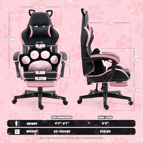 Cute Ergonomic Gaming Chair with Footrest, Girls Pink Gaming Chair with Cat Ears & Paw Lumbar Pillow for Adults Women Teens, 310 Lbs Capacity (Cute Black+Pink) - Image 3