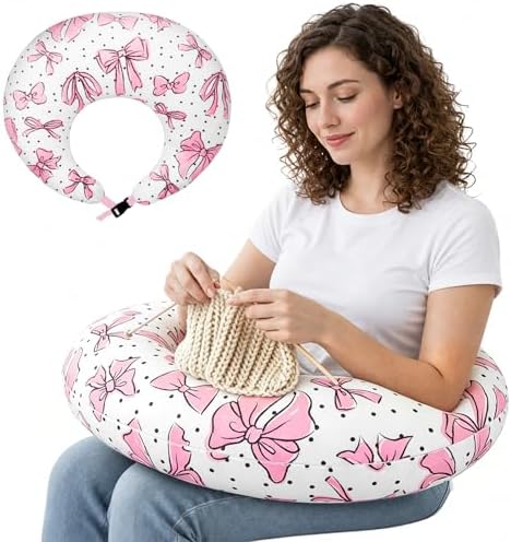 Ergonomic U-Shaped Gaming & Lap Pillow for Crocheting - Cute Pink Bow Crochet Pillow with Elbow & Arm Support, Lap Desk Pillows for Reading, Playing or Crocheting, Suitable for Adults by Unknown