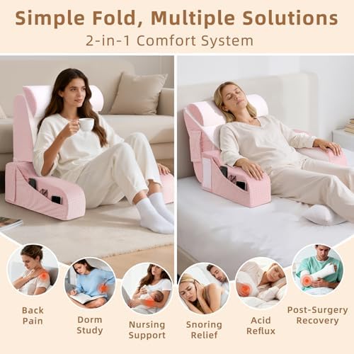 Foldable Reading Pillow for Sitting in Bed Adult, Pink, 19" - Image 2