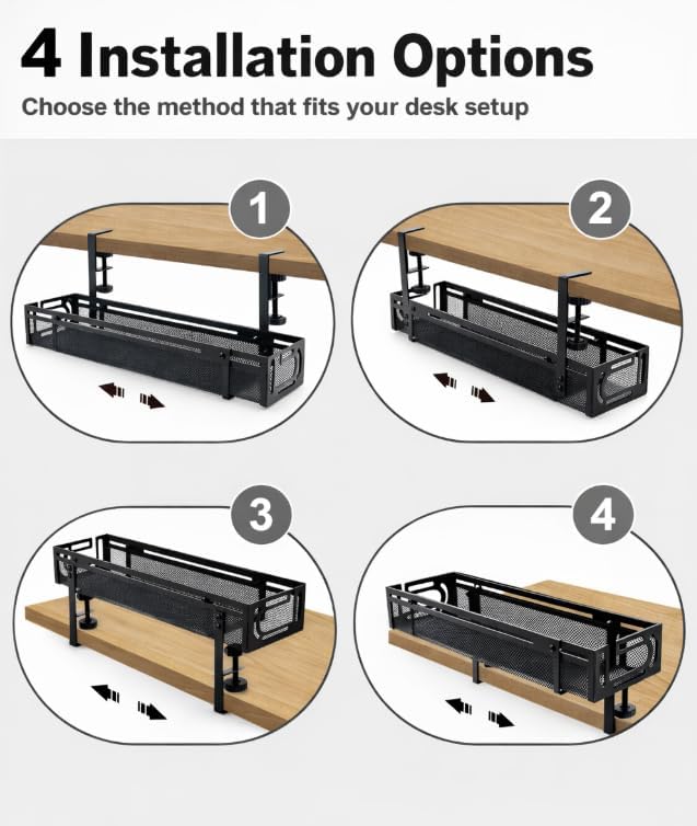 Expandable Under Desk Cable Management Tray, Expandable 15.7”–27.6”, No Drill Metal Cable Organizer with Clamp Mount for Standing Desk, Office & Home Desk (Black - Image 3