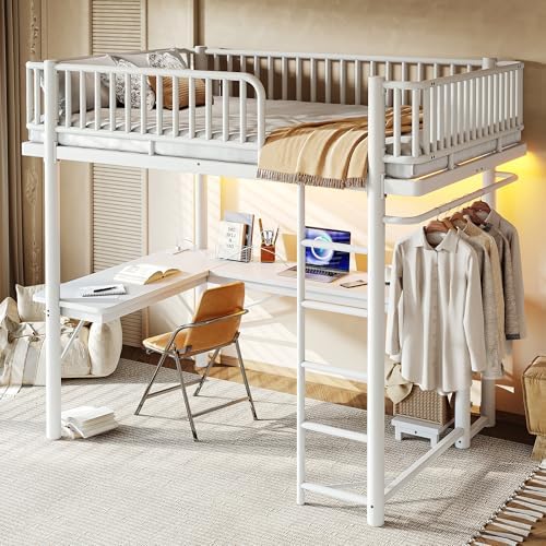 Bellemave Full Metal Loft Bed with L-Shaped Desk,LED Lights and Charging Station,Heavy Duty Loft Bed Frame with Hanging Rod & CPU Tray for Kids Teens Adults,Space-Saving,White - Image 4