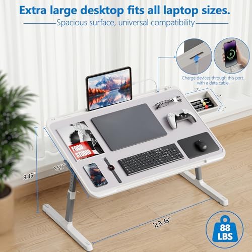 Potuopy Adjustable Lap Desk,Large Smooth Easy-Clean Wood Grain Desktop,Foldable Laptop Bed Tray Table with Storage Drawer,Portable Laptop Stand Fits 17" Laptop for Bed Couch Floor (Light Gray) - Image 2