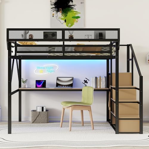 KEIKI Queen Size Metal Loft Bed Frame with Desk, Staircase, Built-in Storage Shelves and Wardrobe, Modern Loft Bed with Solid Slat, Guardrail, No Box Spring Required, Easy Assembly, for Bedroom, Black - Image 3