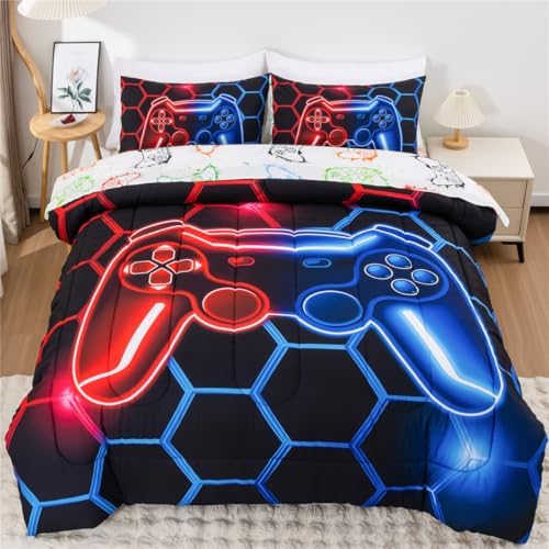 NTBED Game Console Comforter Set for Boys Girls Kids Geometric Lightweight Microfiber Bedding Sets (Red Blue, Full 5Pcs) - Image 2