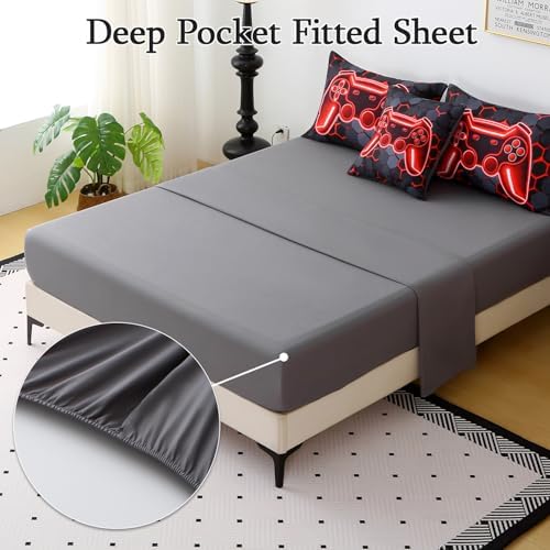 JQinHome Full Size Gaming Bedding Set 6-Piece Comforter for Boys Teens - 3D Video Game Print Bed in a Bag with Sheets, Red Cool Black Design (Full) - Image 4