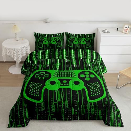 Feelyou Kids Boys Green Gaming Bedding Set Full Size,Gamer Comforter Light 3D Gamer Comforter Set for Modern Game Duvet Set Game Room 3Pcs Room Decor Quilt Set Bedding Collection by Feelyou