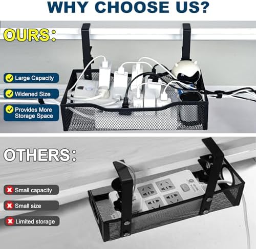 Large Under Desk Cable Management Tray - Heavy Duty Metal Cord Organizer with No Drill Installation for Office & Home Office Desks to Hide Wires & Power Strips (Black, XL) - Image 2