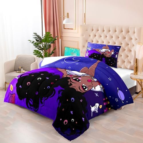 African American Comforter Sets, Black Girls Comforter Set Twin, Girls Bedroom Decor, Purple Black Bedding Set with 1 Comforters +1 Pillowcase - Image 2