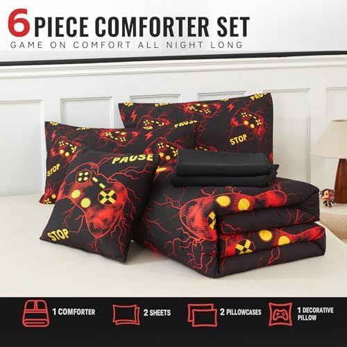 ZRNBAST Gamer Comforter Set Full Size, Red Gaming Bedding Set for Boys, Lightning Game Console Microfiber Bed Sets, 6 Pieces Teen Game Gamepad Bed in a Bag (Red,Full) - Image 6