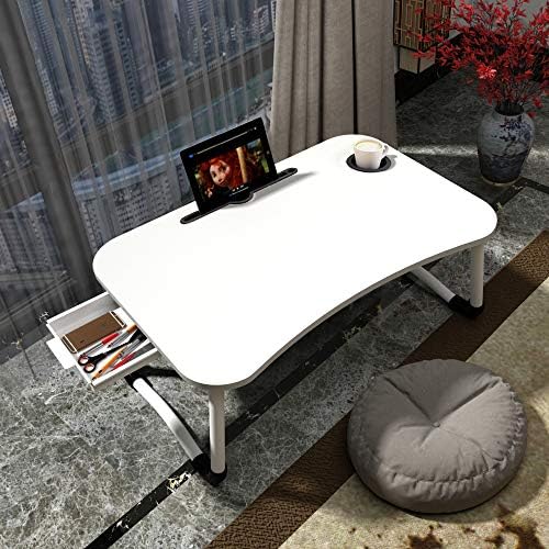 23.6'' Ergonomic Lap Desk with Storage Drawer & Cup Holder, Foldable Laptop Bed Table for Home Office, Gaming, Writing, Breakfast - Lightweight, Portable, Fits 18'' Laptops (White) by VebaCidi