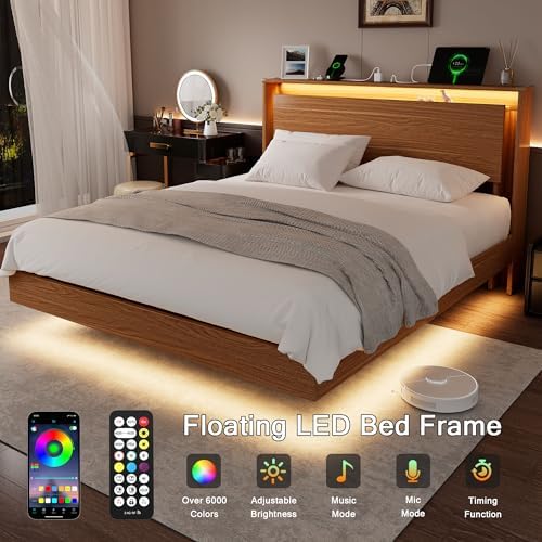 Full Size Bed Frame with LED Lights & Charging Station – Kids Wood Floating Bed Frame with Storage Headboard, Adhesive Slats, Kick-Free & Noise-Free Design, Easy Assembly, Walnut - Image 3