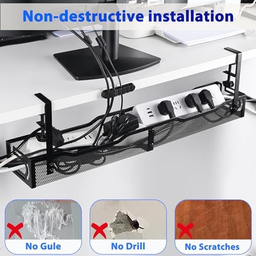Under Desk Cable Management Tray 25.3 Inch, Clamp-On Cable Organizer Box for Standing Desks, No Drill Cord Management Under Desk, Large Desk Wire Organizer for Office & Home, Black - Image 3