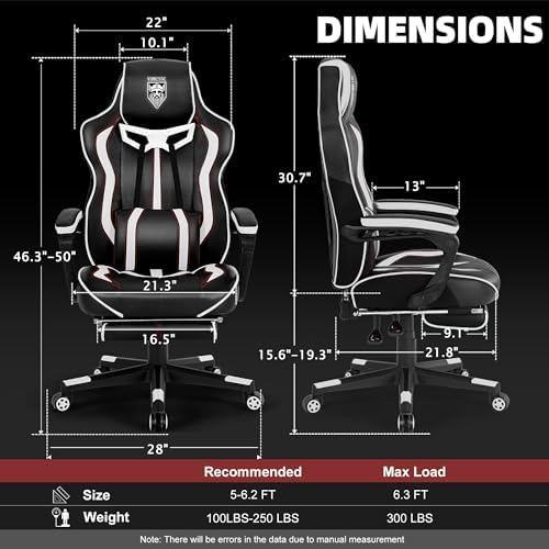 Vonesse Gaming Chair with Footrest,Reclining Computer Gaming Chair for Adults,Big and Tall Gamer Chair with Massage,Ergonomic High Back (White/Black) - Image 3