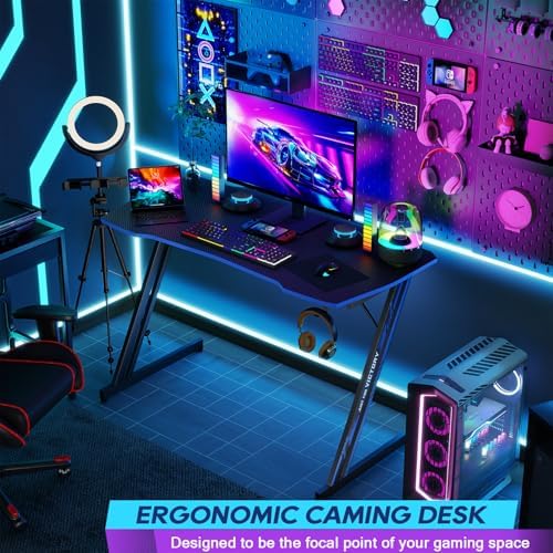 BestOffice 39" Gaming Desk Computer Gaming Desk Z Shaped Gaming Workstation Ergonomic Gaming Table with Headphone Hook for Game Players,Black&Blue - Image 4