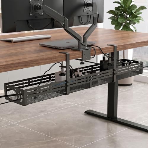 Under Desk Cable Management Tray, 15-25in Retractable Metal Cord Organizer Rack, No Drill Desk Tray with Clamp, Anti-Slip Pads Cable Tray for Home, Office, Gaming, Standing Desks by Unknown