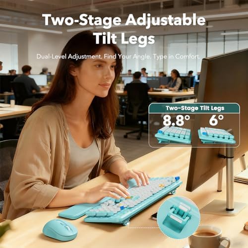 Wireless Keyboard and Mouse Combo, Full-Size Retro Typewriter Keyboard with Round Keycaps, Magnetic Wrist Rest, Tilt Legs, 2.4GHz Cordless for Mac, Windows PC, Laptop, SABLUTE CK23, Robin Egg Blue - Image 3