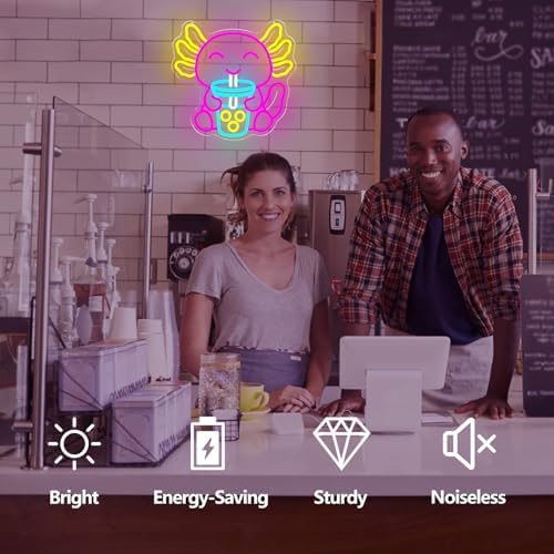 Axolotl Neon Sign Dimmable Cute Axolotls Drinking Boba Tea Neon Light Sign Cartoon Anime Led Lights Axolotl Party Decorations Birthday Gifts for Girls Boys - Image 2