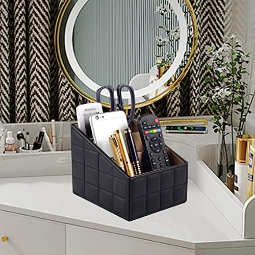 Fashionable PU Leather TV Remote Control Holder with 3 Compartments, Storage Rack, Storage Box, Media Accessory Storage, Desk Organizers (Black Grid) - Image 4