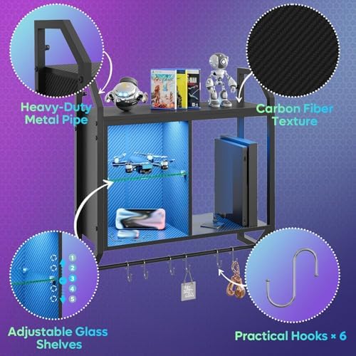 Bestier 25" LED Gaming Floating Shelves for Wall, Wall Mounted Shelf Pipe Adjustable Glass Shelves, Hanging Display Rack with 6 S-Hooks Towel Bar, Gaming Room Decor Shelf, Carbon Fiber Black - Image 5