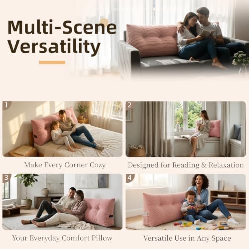 Wedge Reading Pillow Headboard King Size, Headboard Bolster Pillow for Bed, Triangular Backrest Cushion with Removable Corduroy Cover, Pink - Image 5