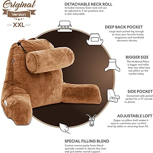 Husband Pillow XXL The Original for Adults - 30" Tall Backrest for Sitting Up in Bed - Firm Support Reading & Bed Rest Pillows for Adults, Neck Roll, Removable Cover - TV - Tan - Image 5