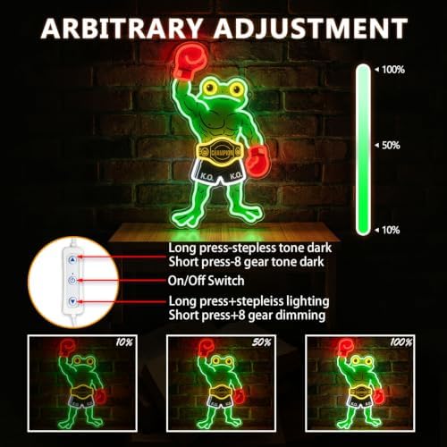 HAJAE Frog Neon Sign, Dimmable Boxing Frog Champion LED Light Wall Decor - Funny Muscular Frog Gifts for Men Boys Kids, Wrestling Birthday Party Decorations, Gym Man Cave Room Neon Light - Image 4
