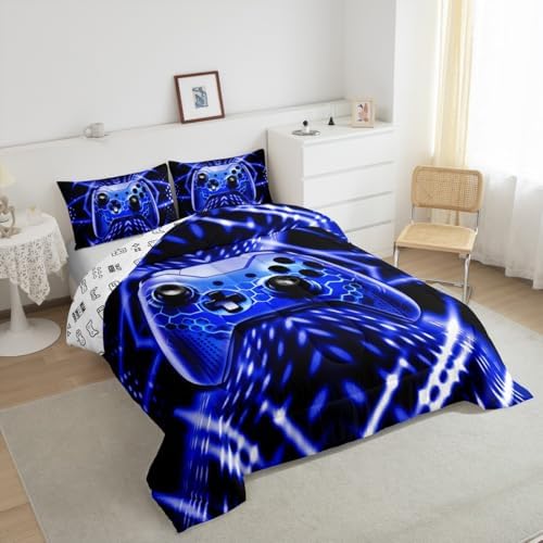 Feelyou Kids Boys Gamer Comforter Set Gaming Bedding Set Toddler Size for Boys Teens 3D Blue Black Geometric Game Controller Duvet Quilt - Image 2